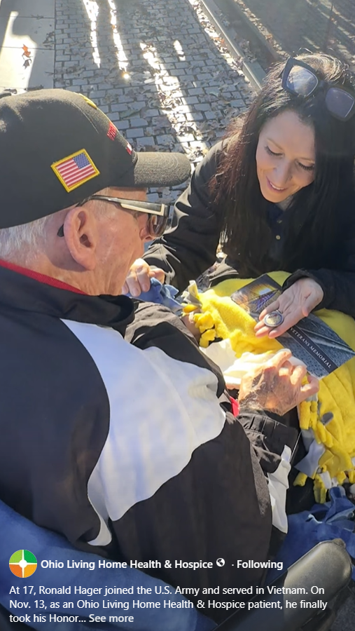 Facebook reel of Ronald and Leyla from Ohio Living Home Health & Hospice kneeling at memorial. 